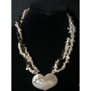 Vintage MOP Heart Pendant Torsade Choker Necklace Pearl Hematite Beads 18"